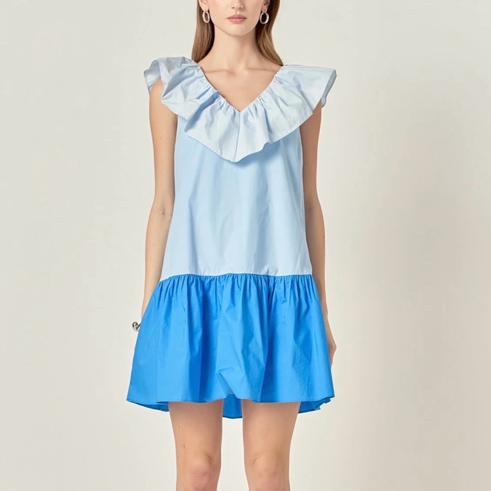 ENGLISH FACTORY colorblock Ruffled sleeveless blue Shift mini Dress size M